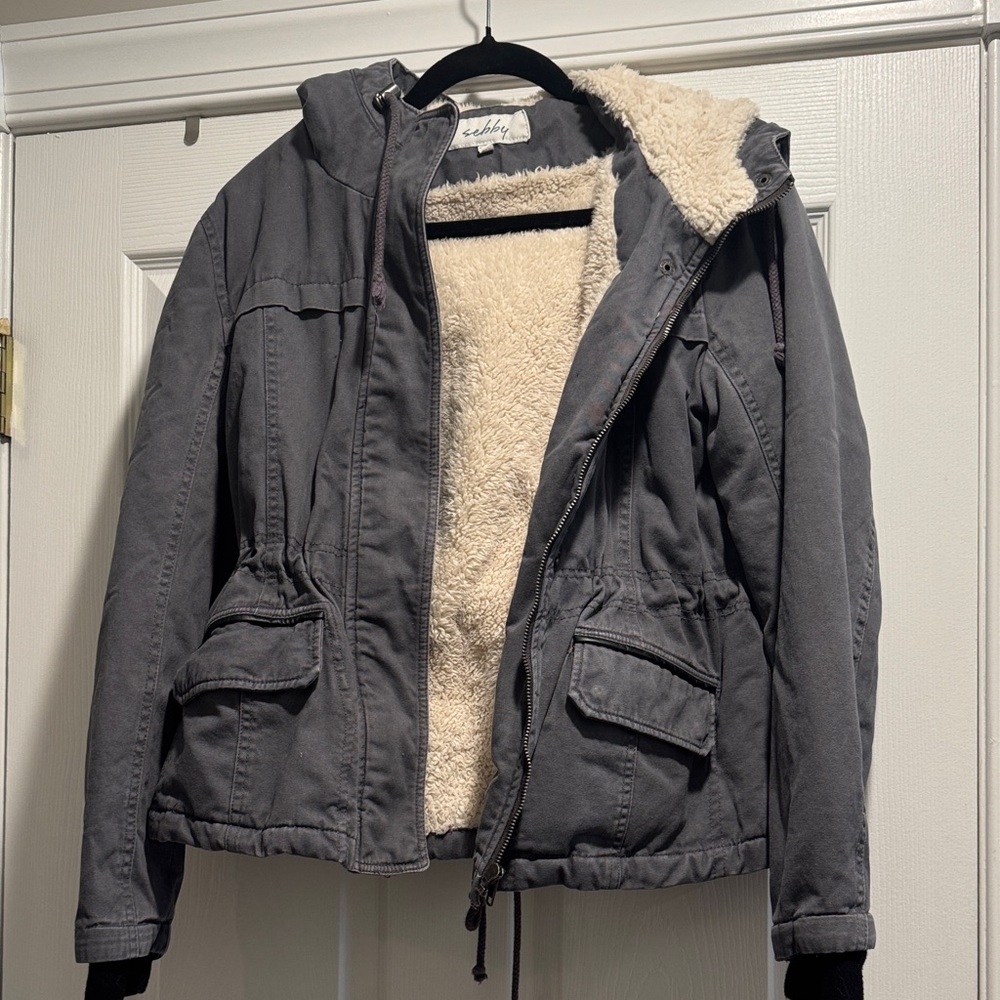 Gray Hooded Jacket with Sherpa Lining